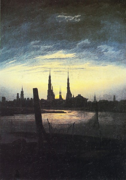 Stadt bei Mondaufgang (Stadt am Wasser bei untergehender Sonne), 1817