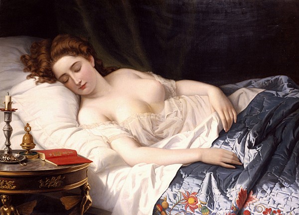 Imogen in her bed-chamber where Iachimo witnesses the mole under her breast. Wilhelm Ferdinand Souchon