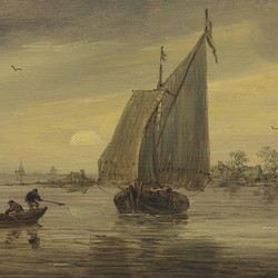 Sunrise over the Haarlemmermeer with a schmalship and other boats  - Jan van Goyen