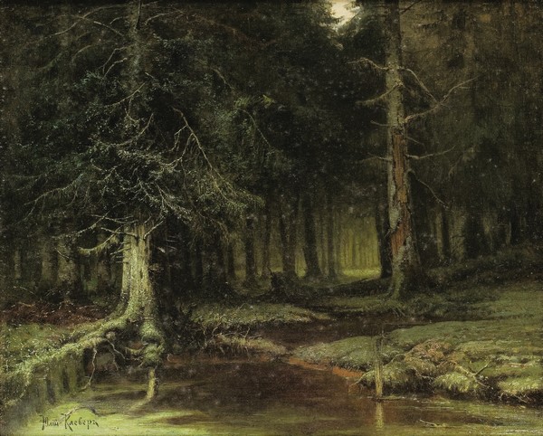A look into the forest at dawn - Julius von Klever