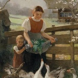 Kinder mit Gänsen - Franz Xaver Gräßel