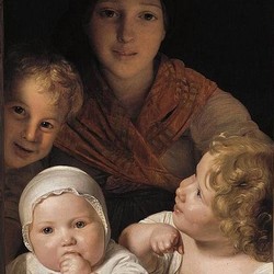 Junge Bäuerin mit drei Kindern im Fenster - Ferdinand Georg Waldmüller